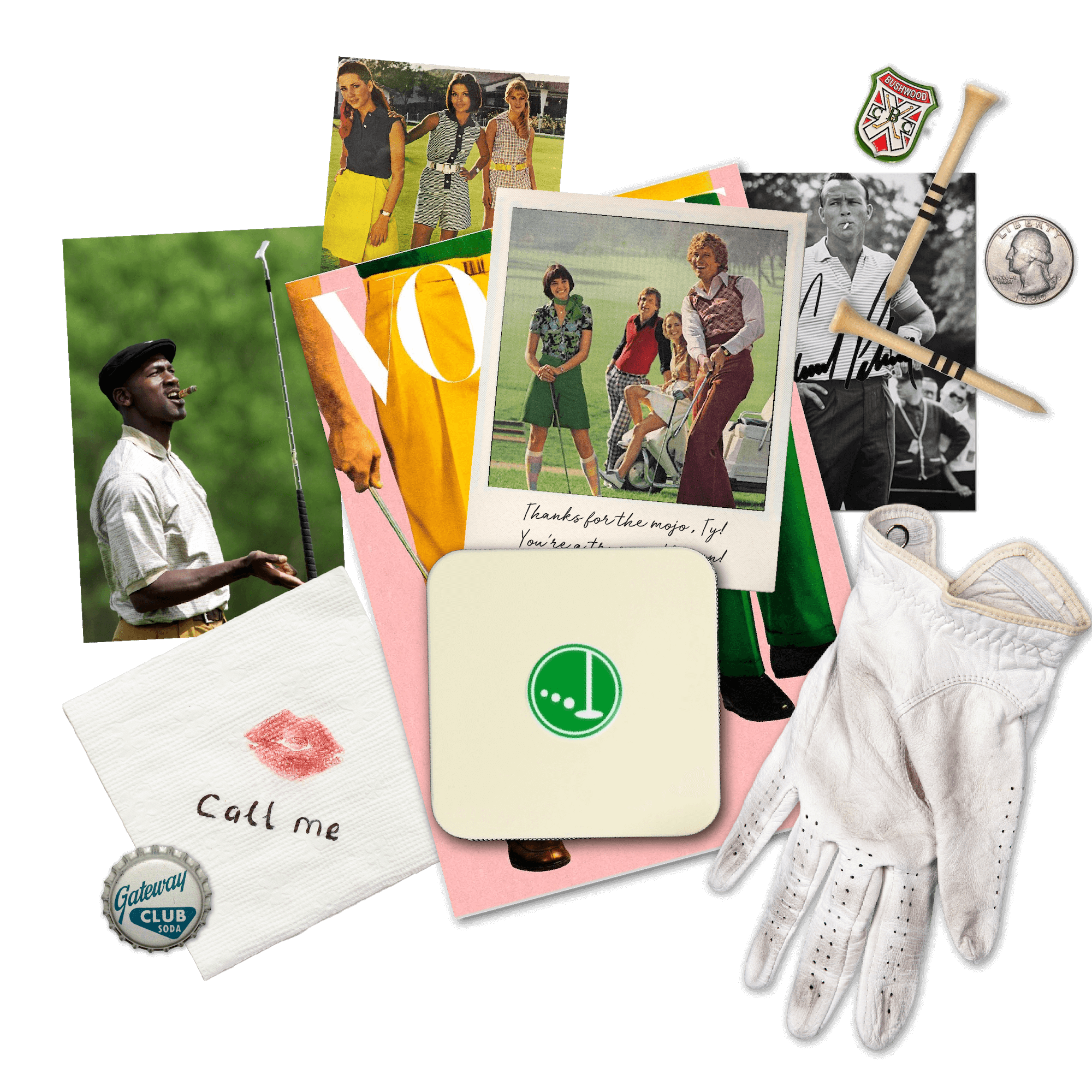 Collage of vintage golf photos, glove, coin, napkin with lipstick mark and text.