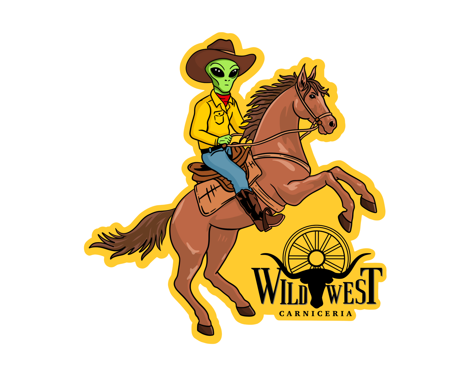 Alien cowboy riding a rearing horse with 'Wild West Carniceria' text.