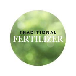 Circular label with 'Traditional Fertilizer' text on green blurred background.