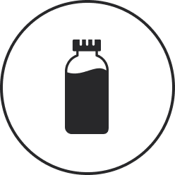 Simple black and white icon of a bottle on a circular background.