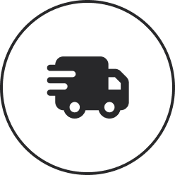 Stylized black delivery truck icon within a circular frame.