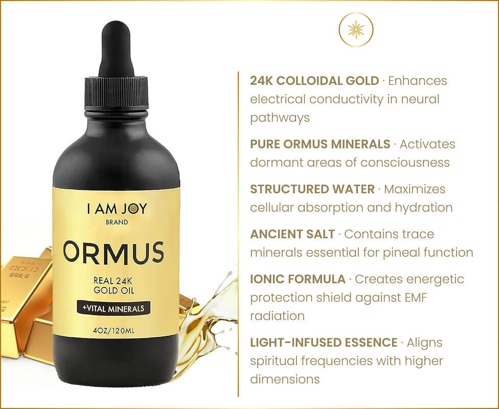 Bottle of Ormus gold oil with benefits listed beside it.