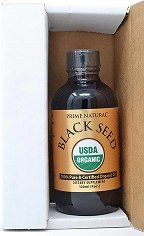 Bottle of USDA Organic Black Seed oil in a cardboard box.