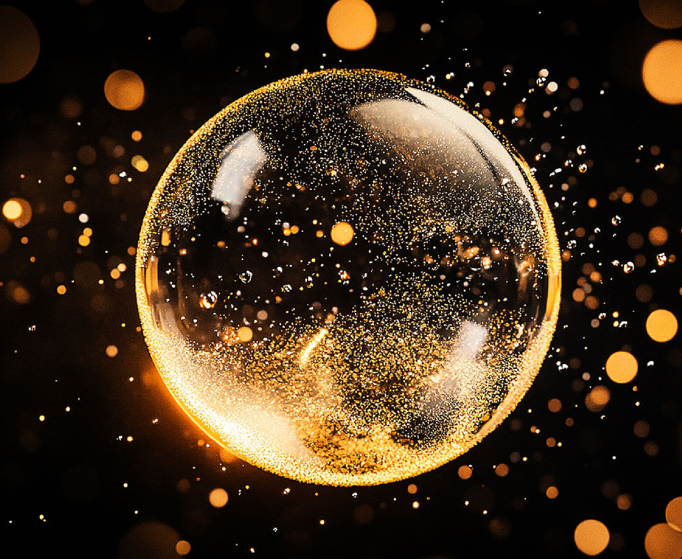 A glowing bubble surrounded by golden particles on a dark background.