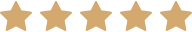 Five gold stars in a row on a transparent background.