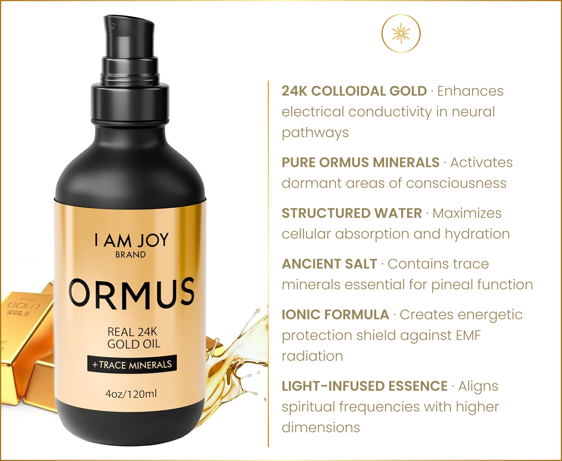 Bottle of Ormus 24K Gold Oil with gold bars and descriptive text.