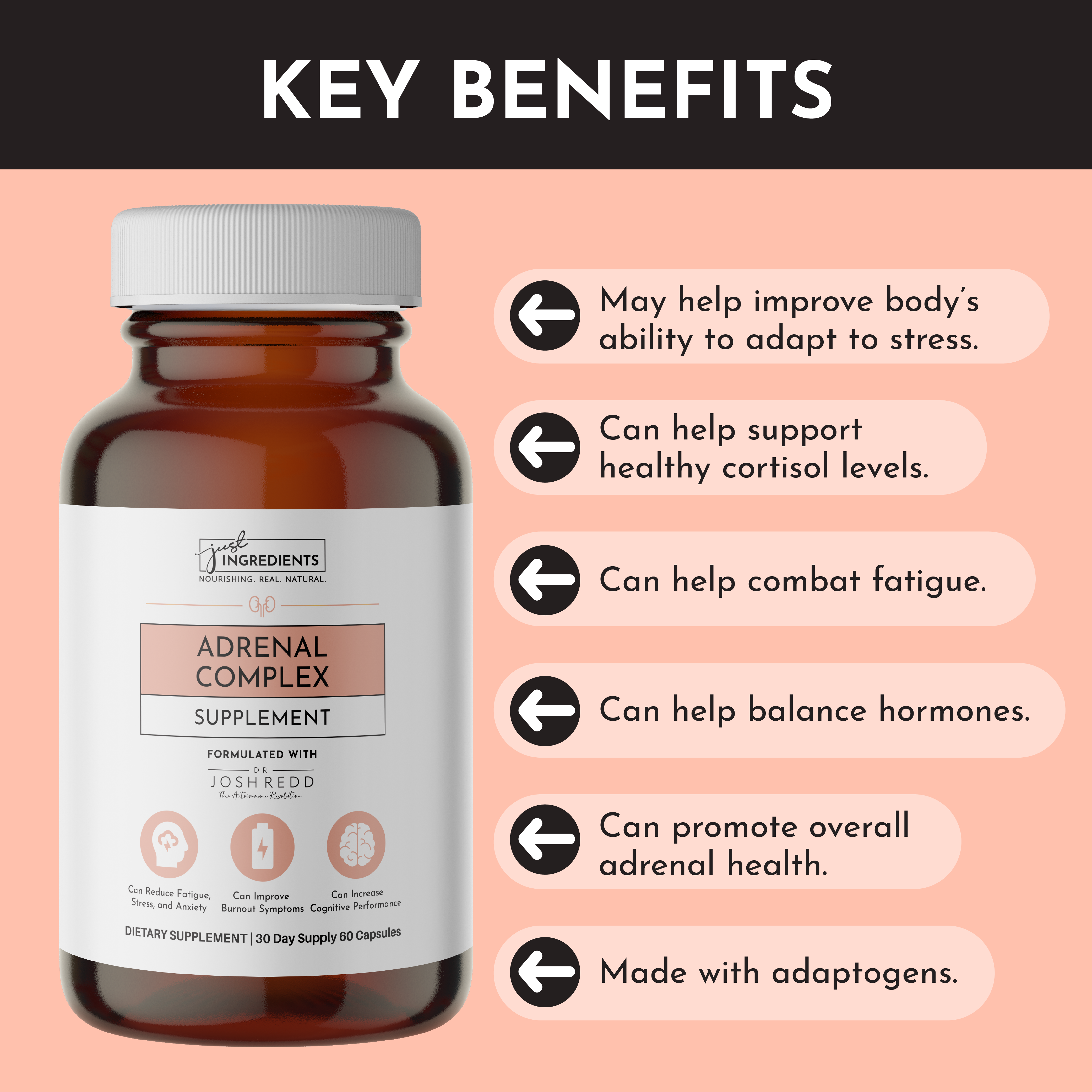 Adrenal Complex supplement bottle with key benefits listed, including stress adaptation and hormone balance.