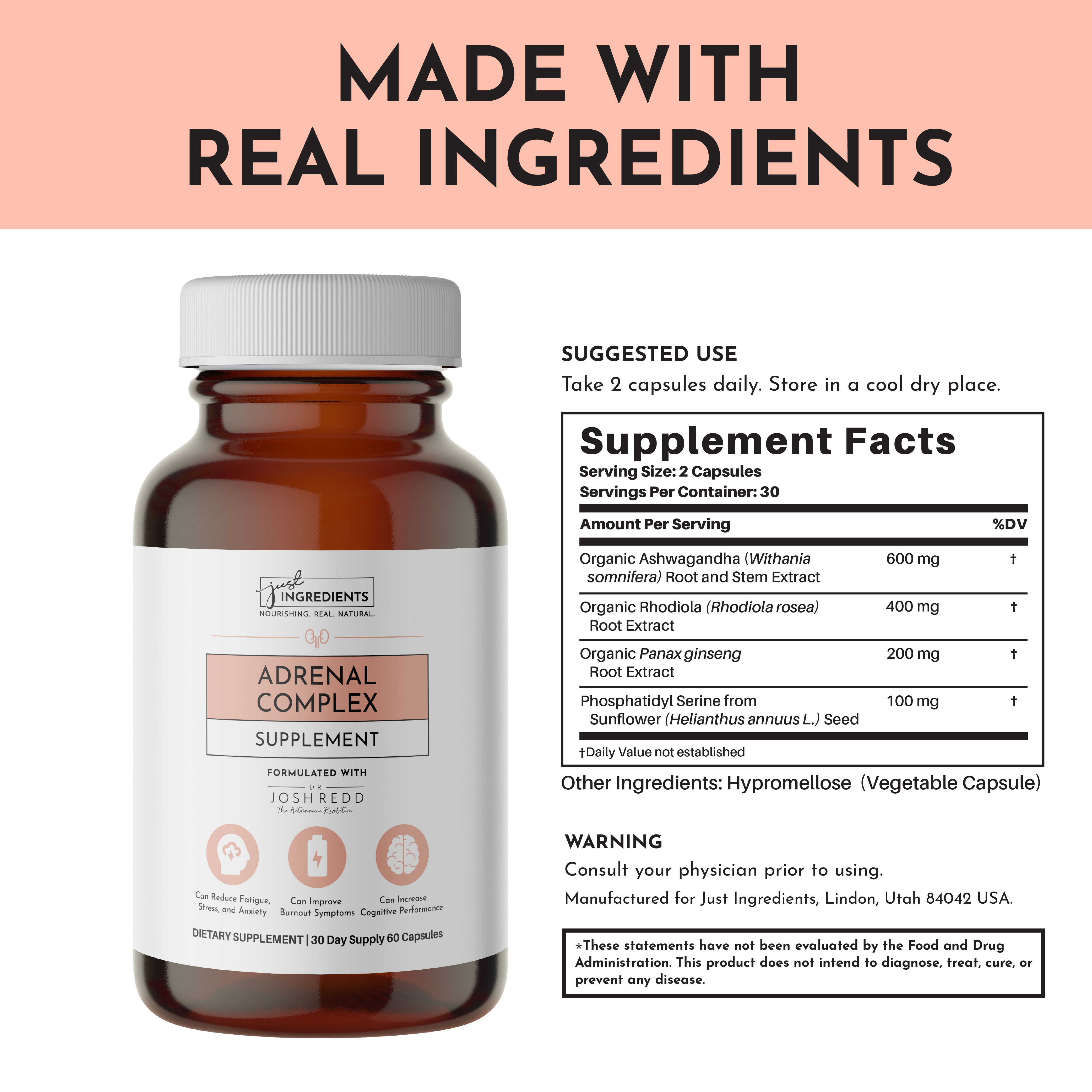 Adrenal Complex supplement bottle with ingredients and usage information.