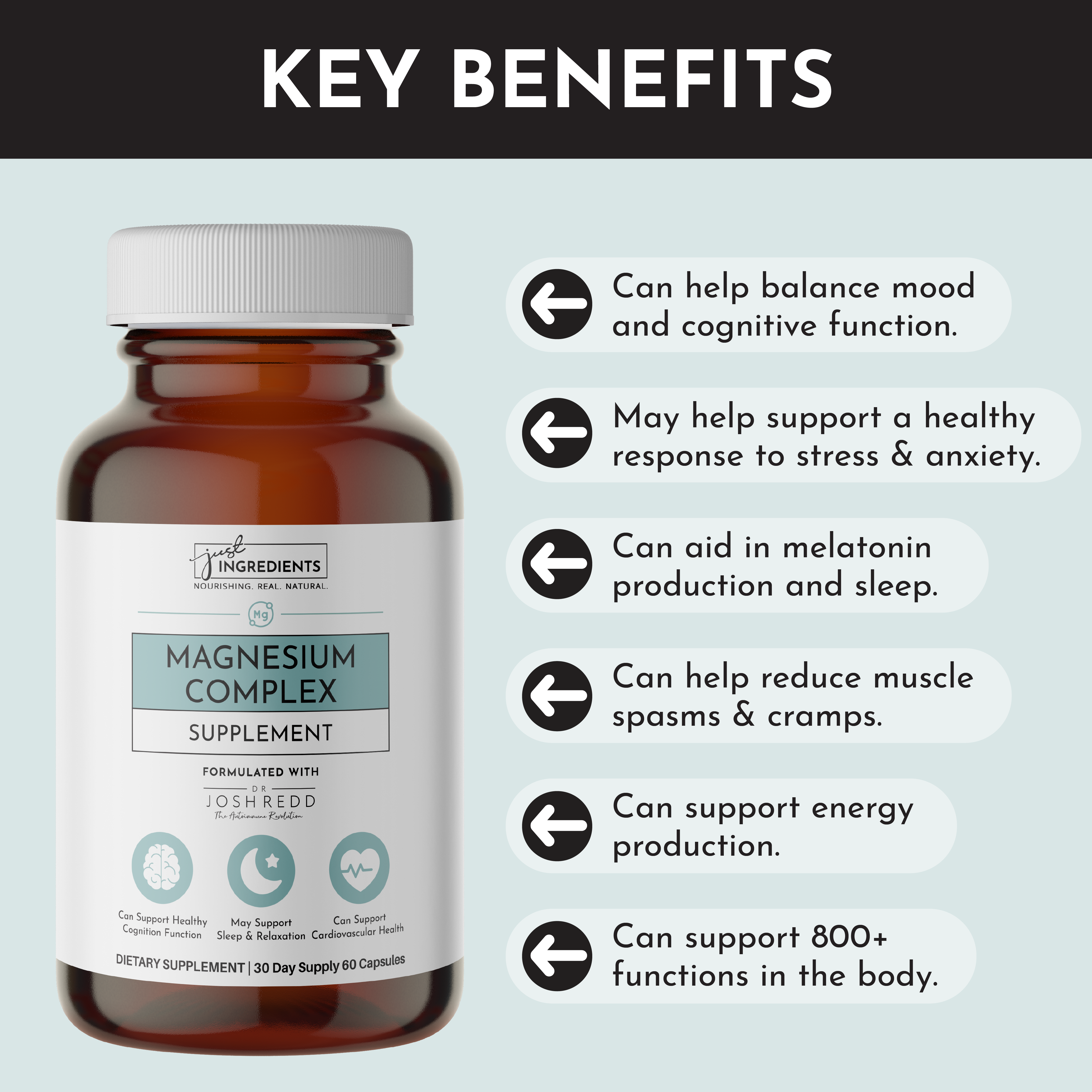 Image of a magnesium complex supplement bottle with key benefits listed beside it.