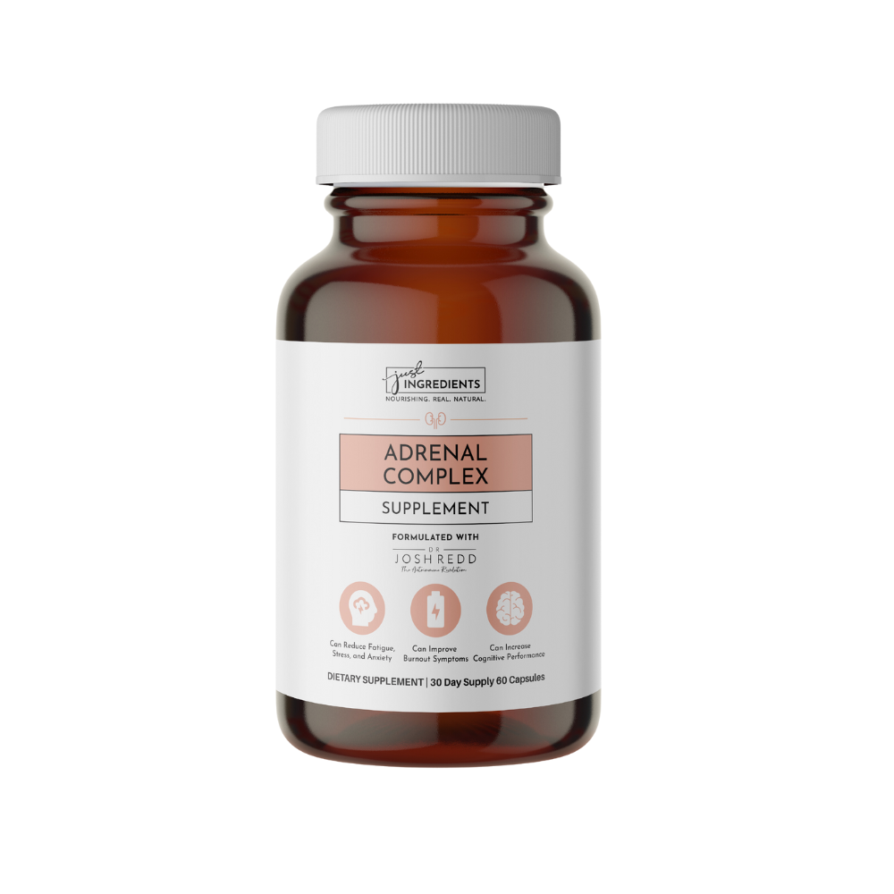 Brown bottle labeled 'Adrenal Complex Supplement' with a white cap.