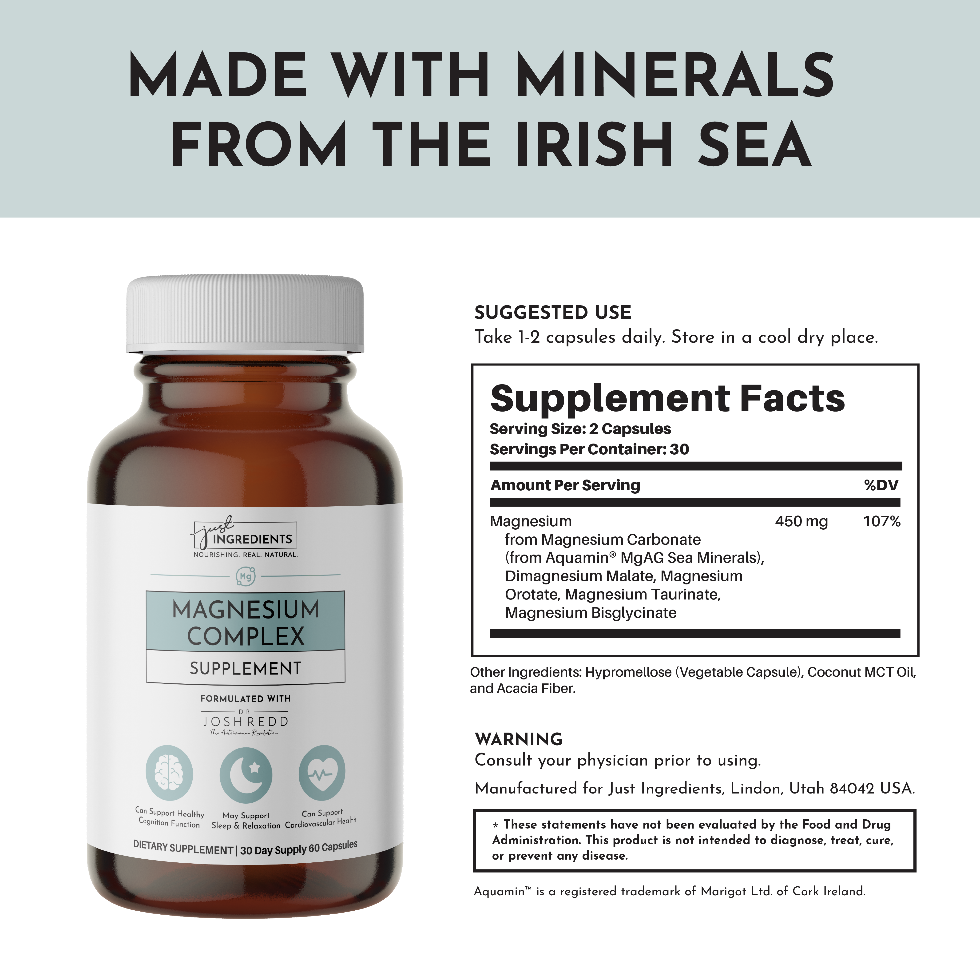 Magnesium supplement bottle with label and supplement facts, 'Made with minerals from the Irish Sea.'