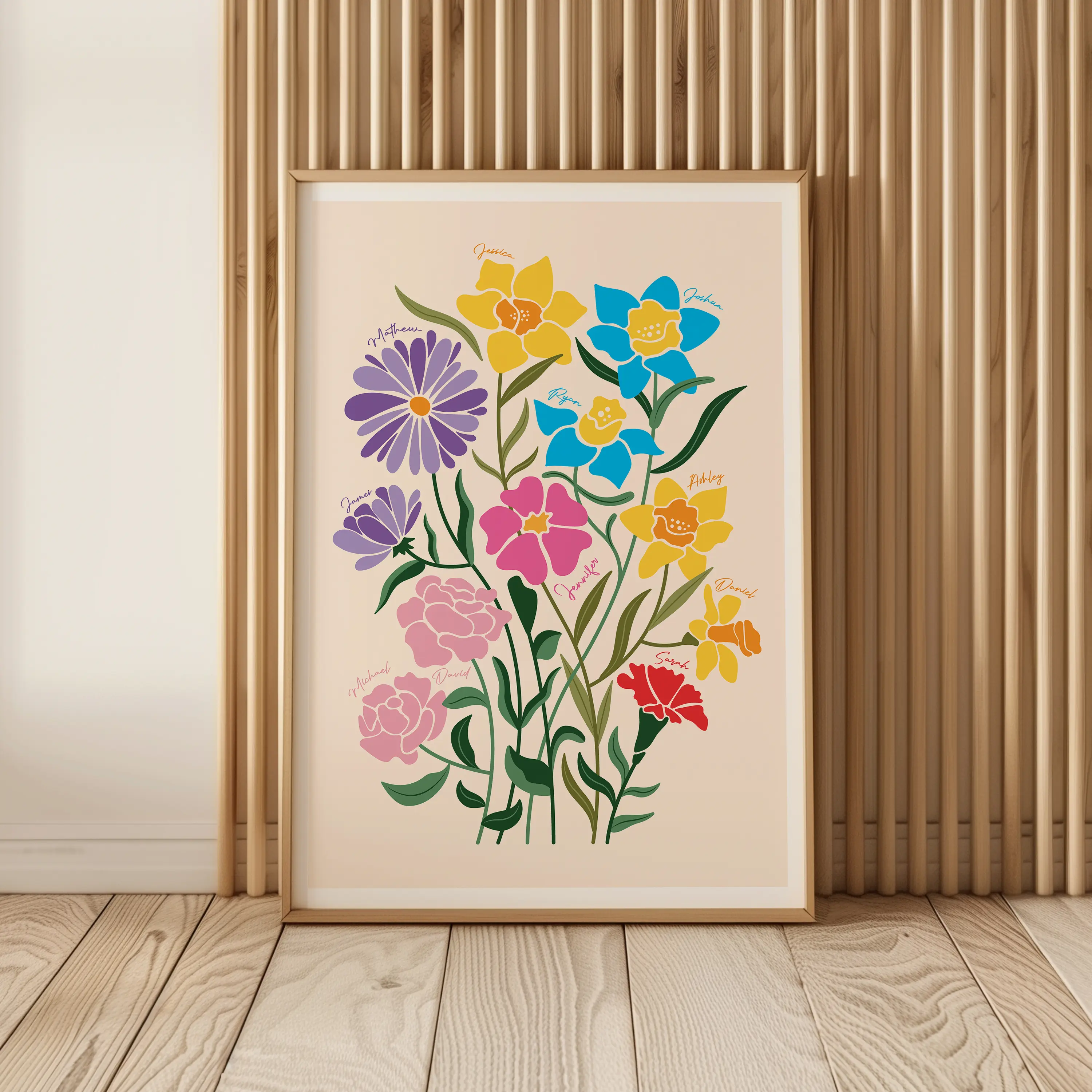 Framed colorful flower artwork against a wooden slatted wall.