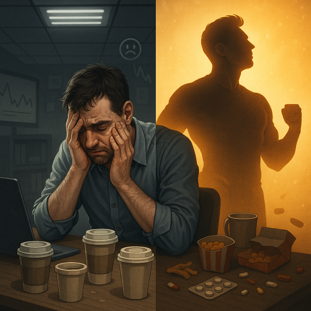 Split image: tired man with coffee cups, silhouette of strong figure with pills and snacks.