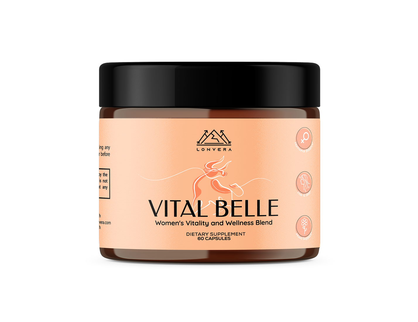 Jar of Vital Belle women's vitality supplement with black lid.