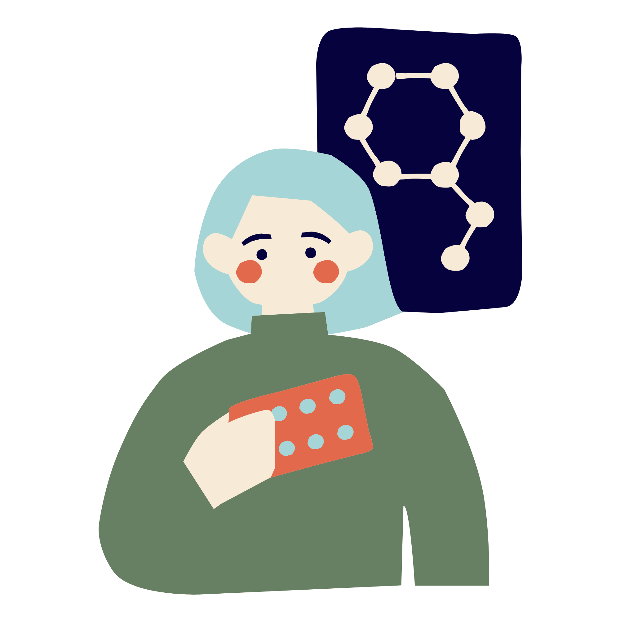 Illustration of a person holding a blister pack with a molecular diagram in the background.