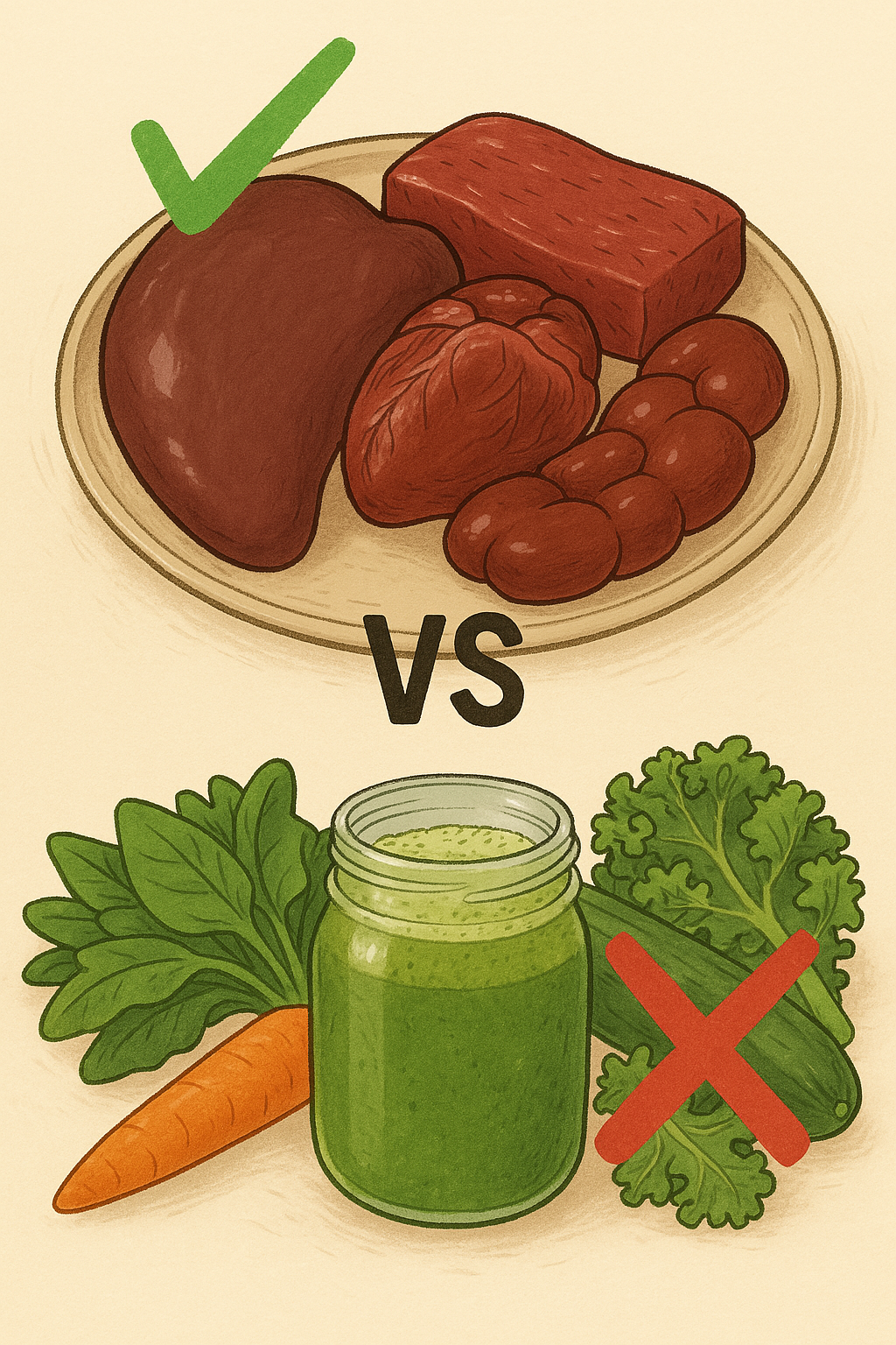 Illustration comparing meat with a green smoothie and vegetables, with check and cross marks.
