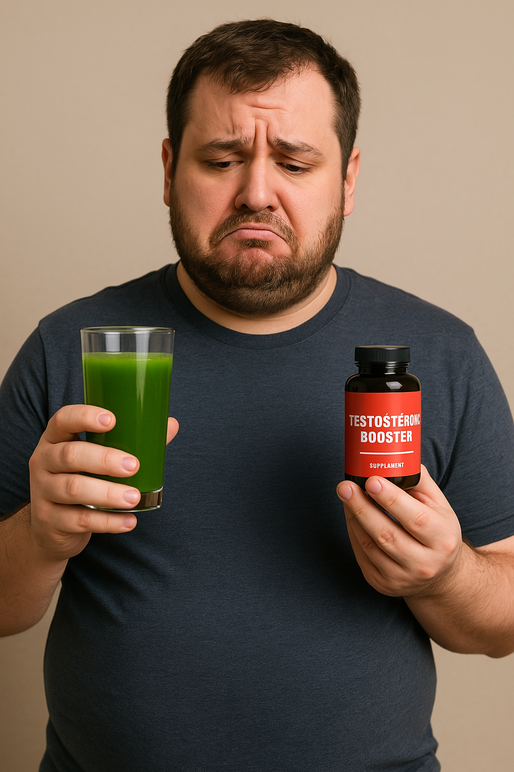 Man holding a green drink and a testosterone booster bottle, looking displeased.