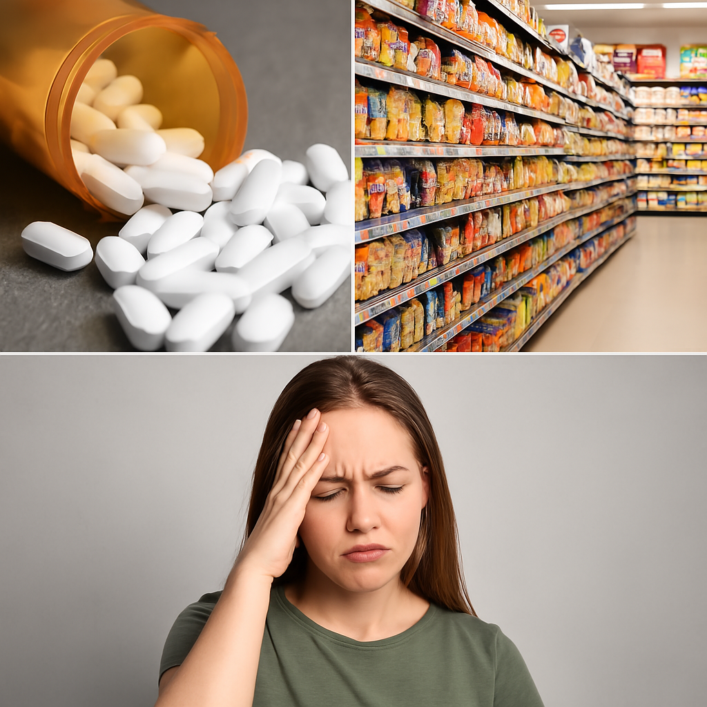 Collage of pills, grocery aisle, and woman with headache.