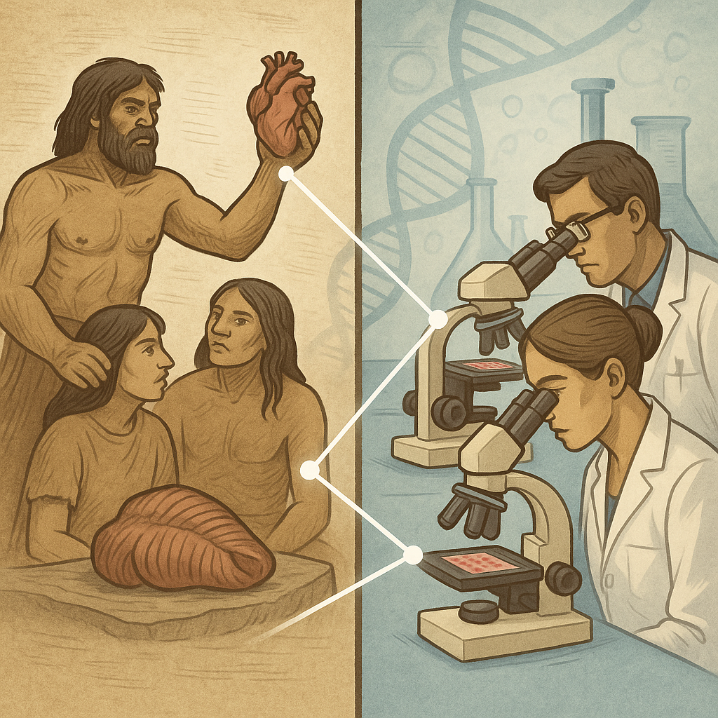 Illustration of ancient humans and modern scientists studying hearts and DNA.
