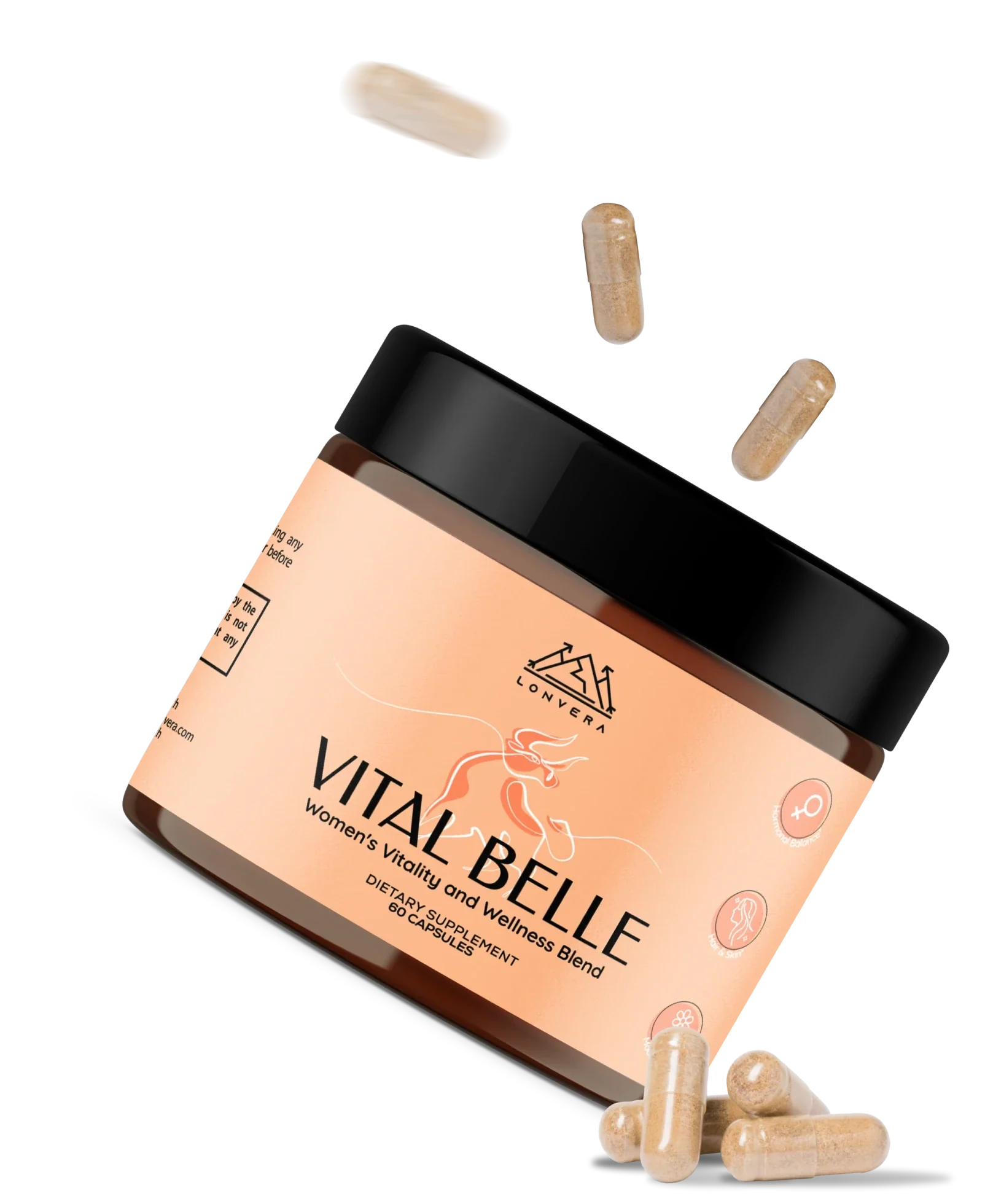Vital Belle supplement bottle with capsules floating around it.