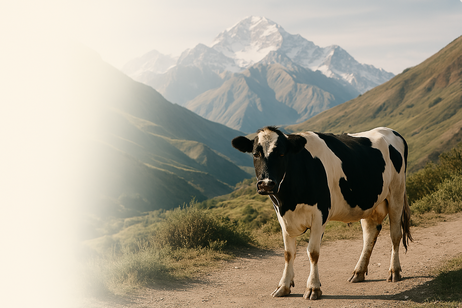 Cow standing on a dirt path with mountains in the background.