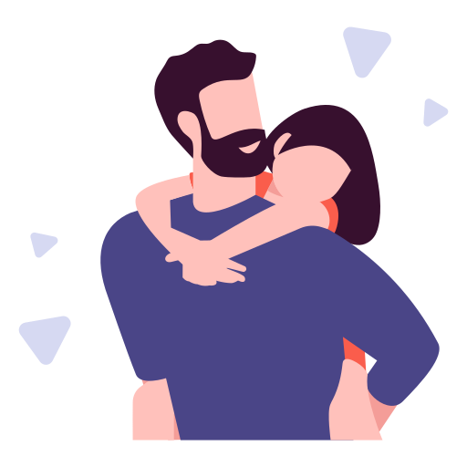 Illustration of a man with a beard holding a child on his shoulder.
