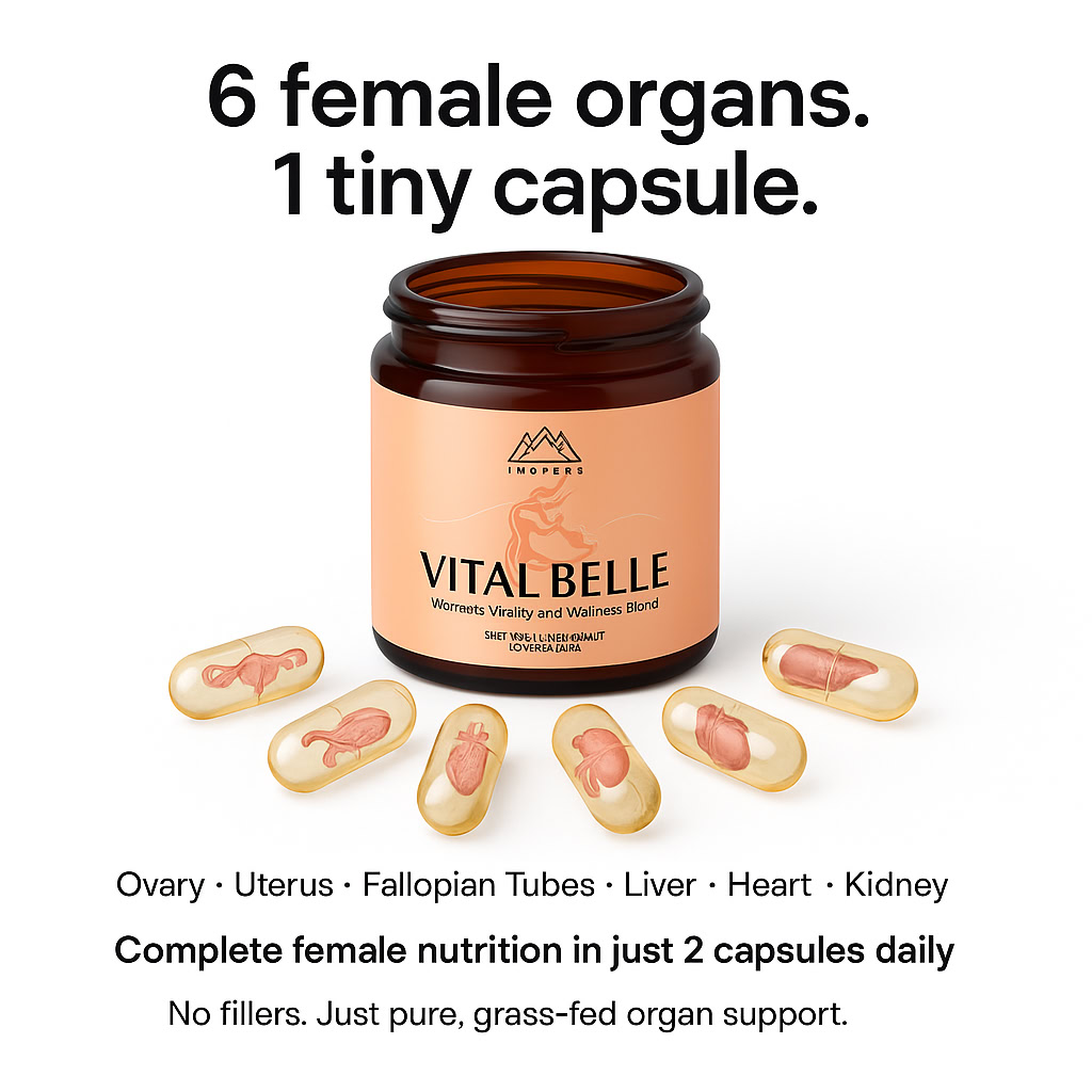 Vital Belle supplement bottle with capsules showing female organs.
