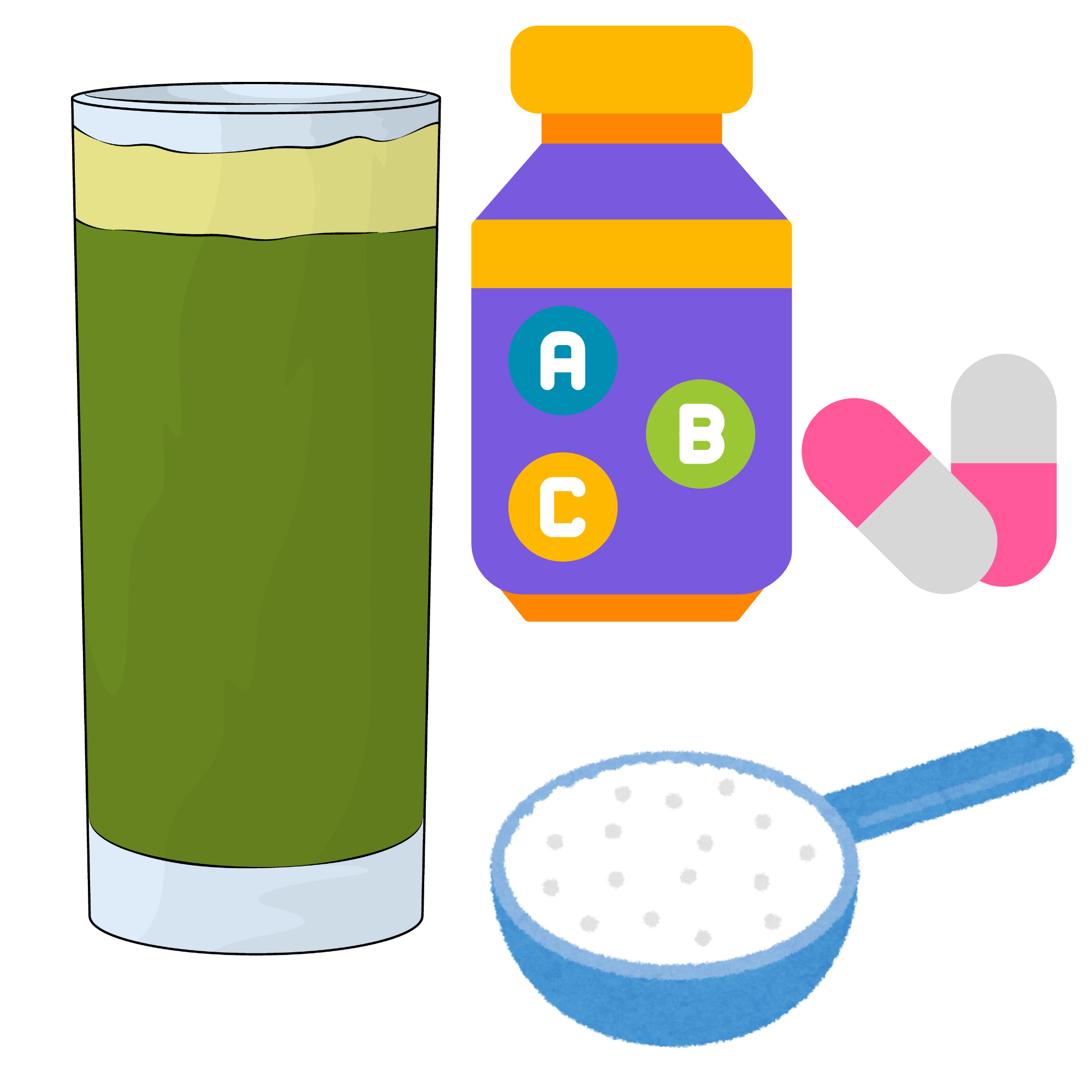 Illustration of a green drink, vitamin bottle, capsules, and a scoop of powder.