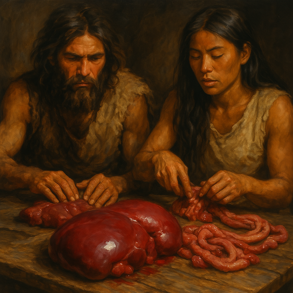 Two people in primitive clothing handling raw animal organs on a wooden table.