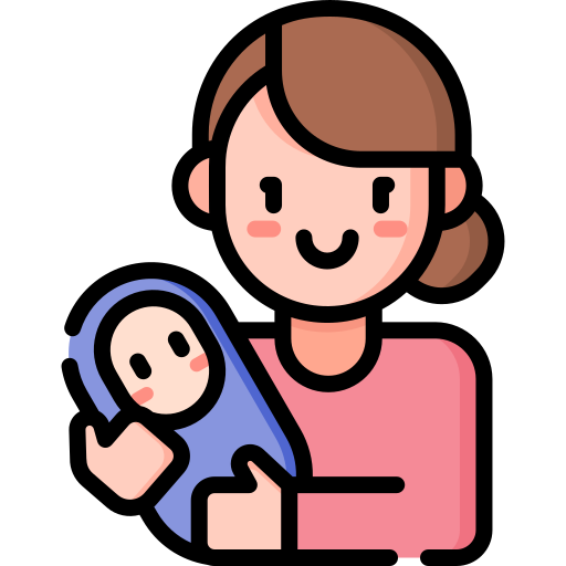 Illustration of a smiling person holding a baby wrapped in a blue blanket.