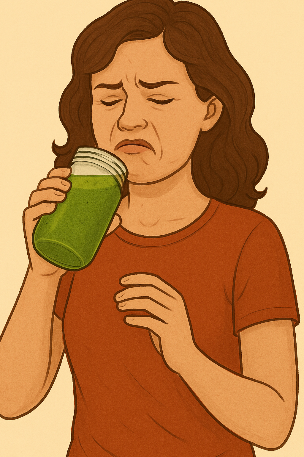 Man holding a green drink and a testosterone booster bottle, looking displeased.
