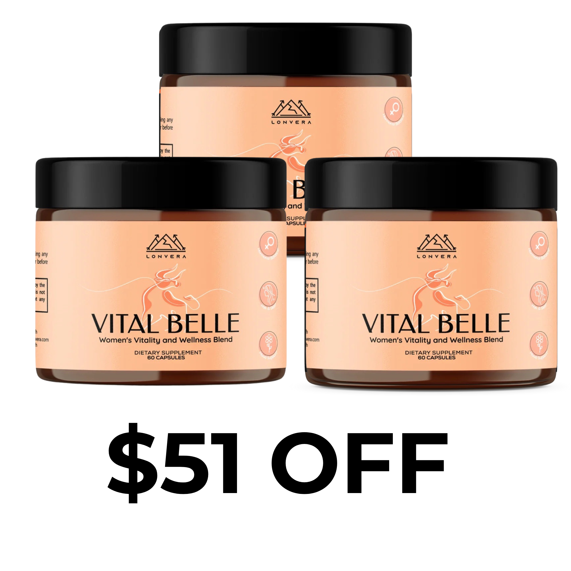 Three jars of Vital Belle supplement with $51 off text.