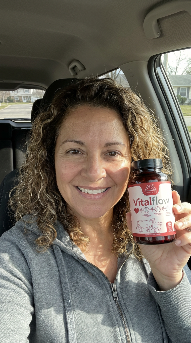 Person in a car holding a Vitalflow supplement bottle and smiling.