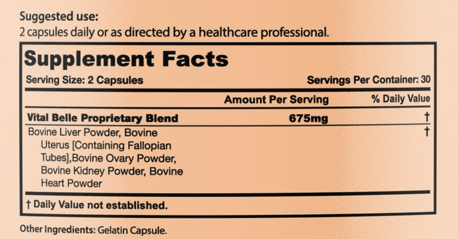 Supplement facts label with ingredients and serving size information.