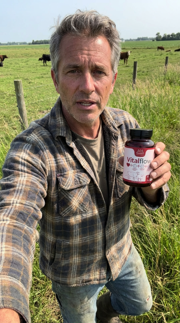 Man in plaid shirt holding a bottle labeled 'Vitalflow' in a grassy field with cows.