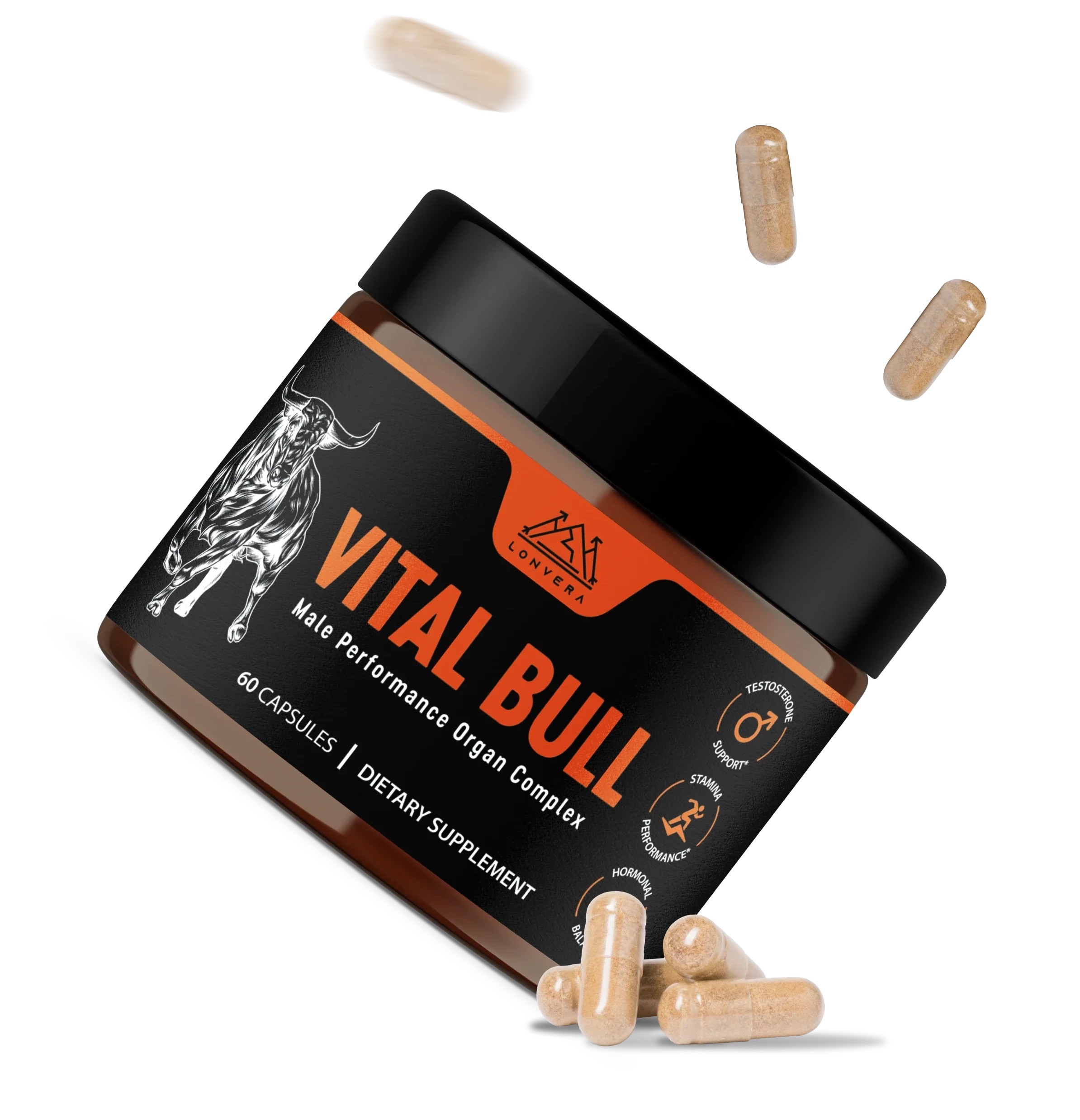 A jar labeled 'Vital Bull' with capsules scattered around.