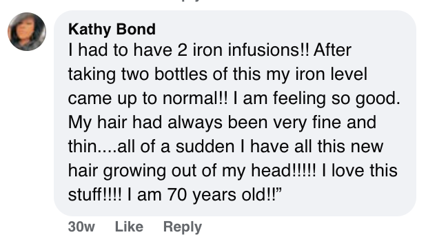 A Facebook comment praising a product for improving iron levels and hair growth.