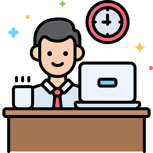 Cartoon person at a desk with a laptop, clock, and colorful stars.
