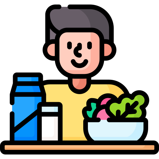 Illustration of a person with food items, including a bottle and a bowl of salad.