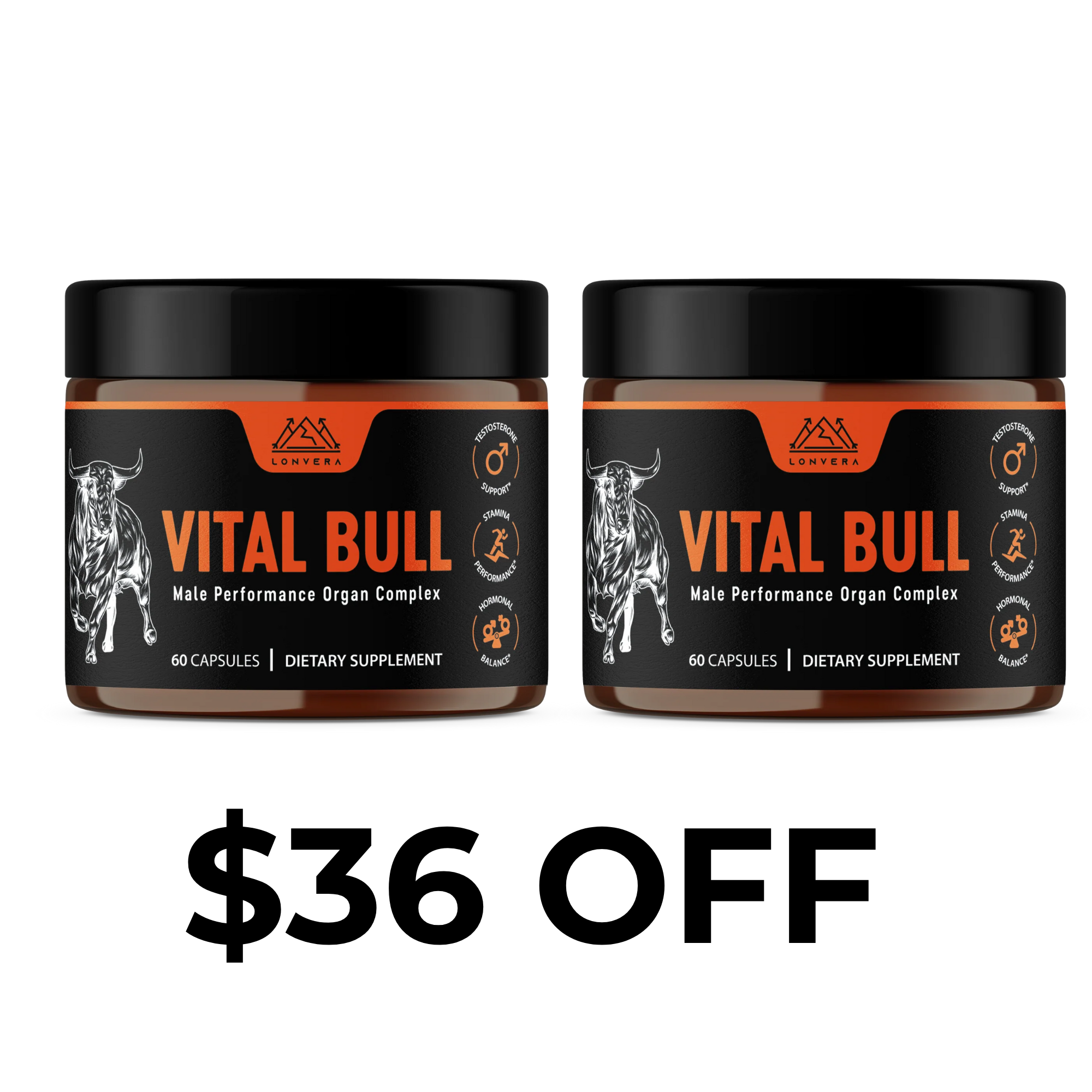 Two jars of Vital Bull dietary supplement with $36 off text.