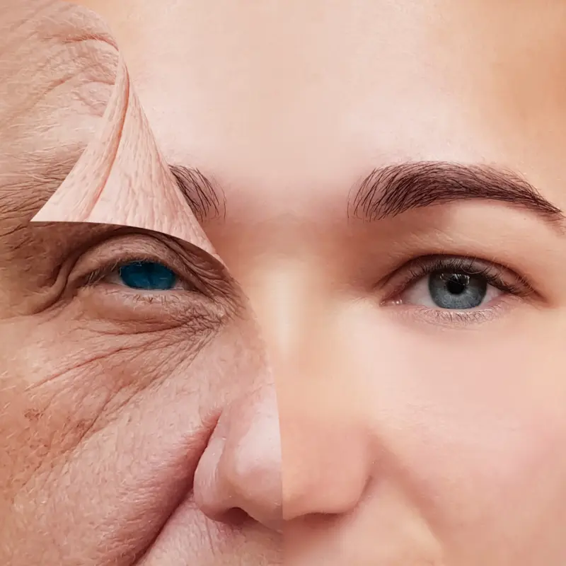 Split image of an older and younger person's face, showing aging contrast.