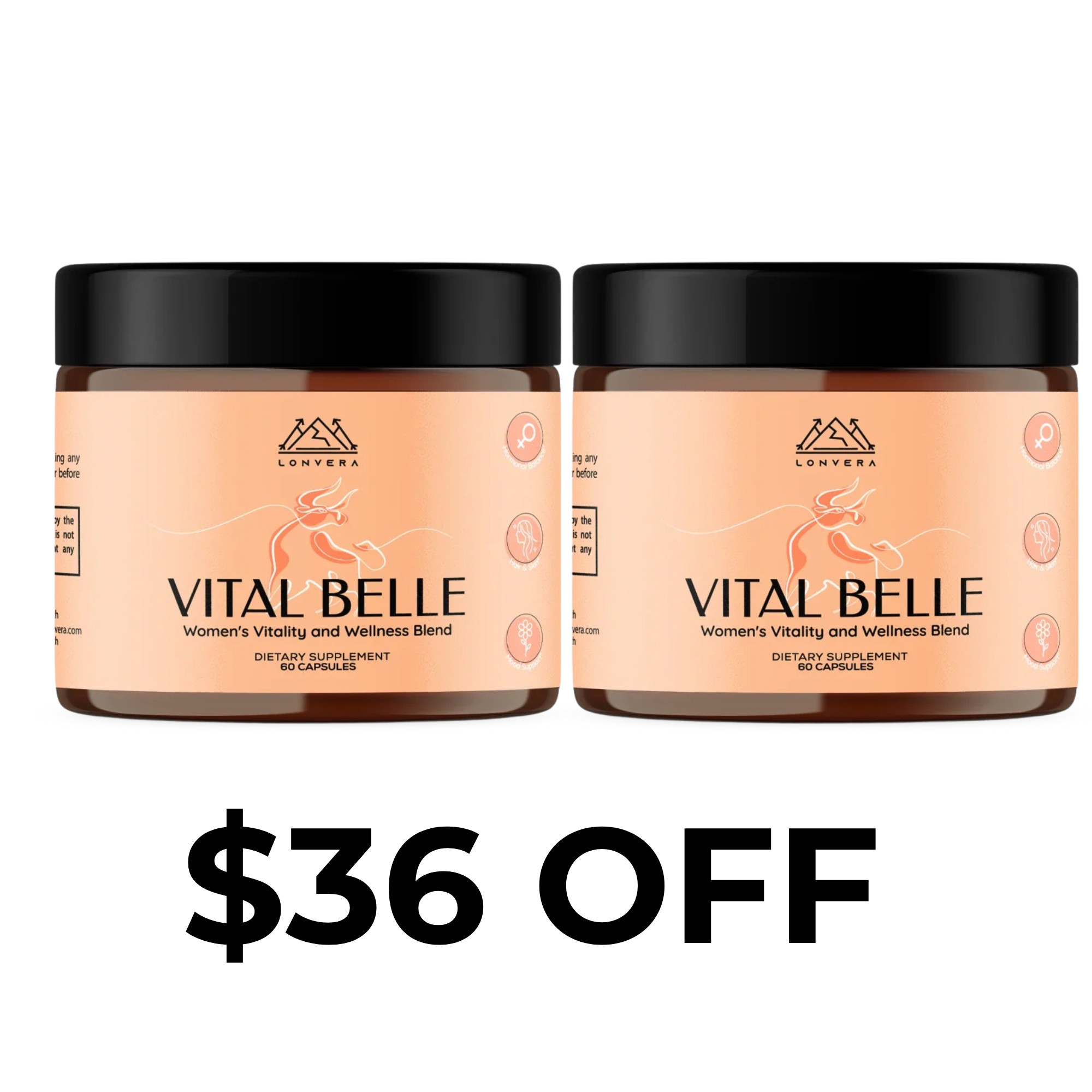 Two jars of Vital Belle supplement with $36 off text.