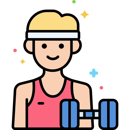 Cartoon person in a headband lifting a dumbbell, surrounded by colorful sparkles.