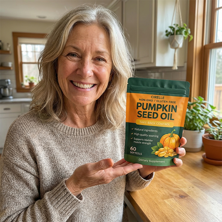 A smiling woman in a beige sweater holds a green and orange pouch of Pumpkin Seed Oil softgels.