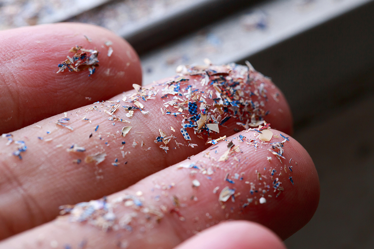 A close-up of fingers covered in tiny, colorful blue, red, and white shavings.