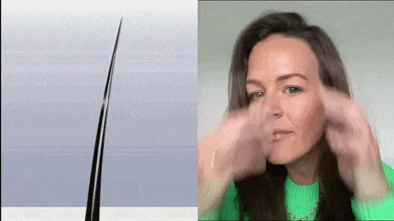 A split-screen animated image showing a single hair strand and a woman touching her hair and face.