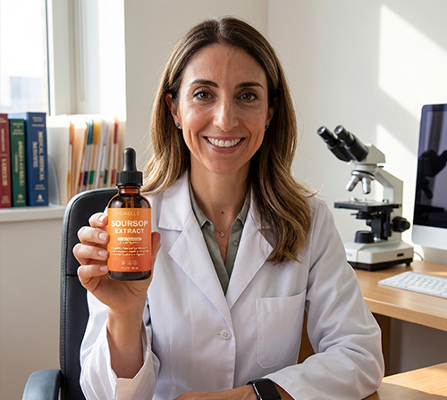 A smiling woman in a lab coat holds up a bottle of soursop extract in an office.