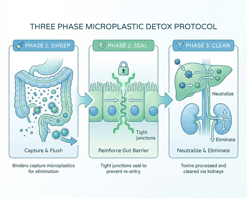 An infographic illustrating a three-phase microplastic detox protocol involving the intestines, gut barrier, liver, and kidneys.