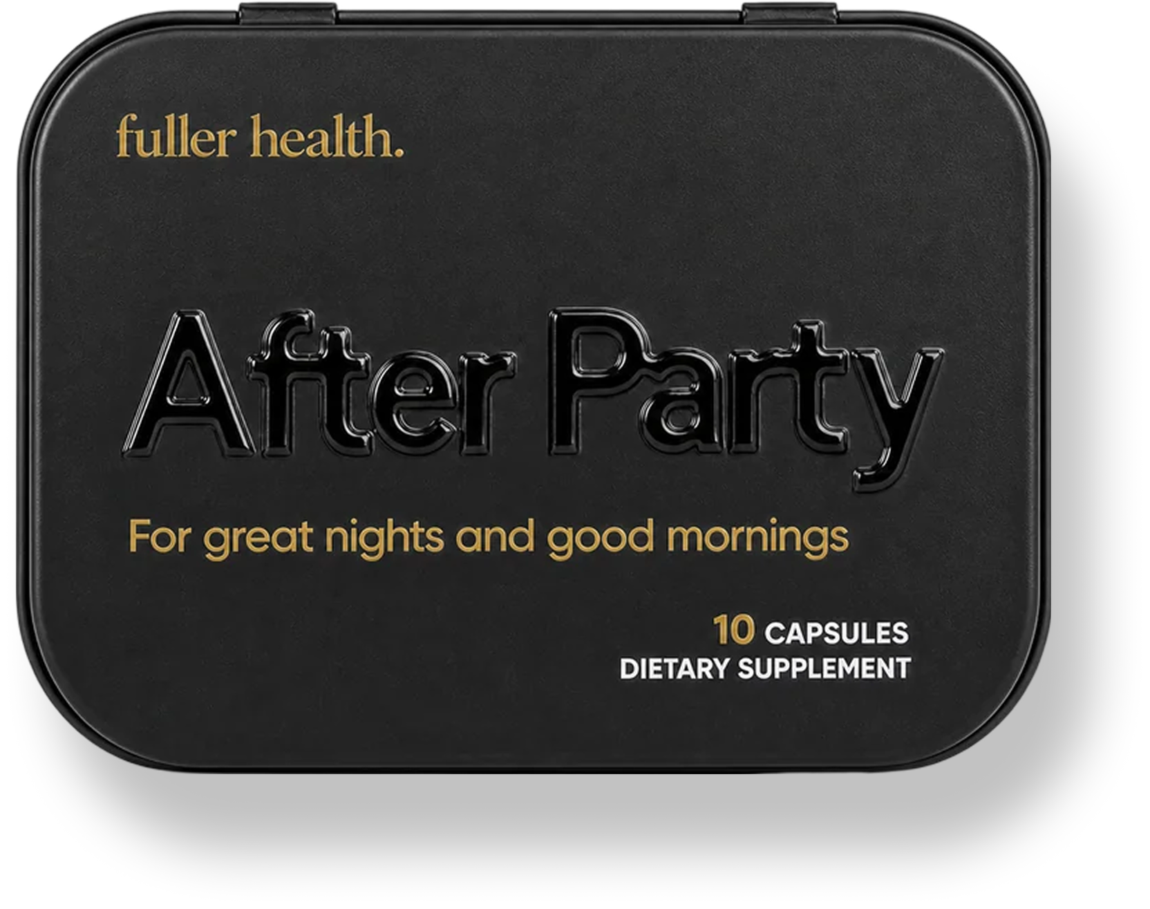 A black tin for 'After Party' dietary supplement capsules from Fuller Health, against a white background.