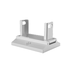 Gray metal stand with two vertical brackets on a base.